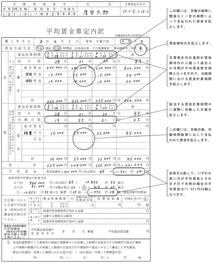 様式8号平均賃金算定内訳記入例