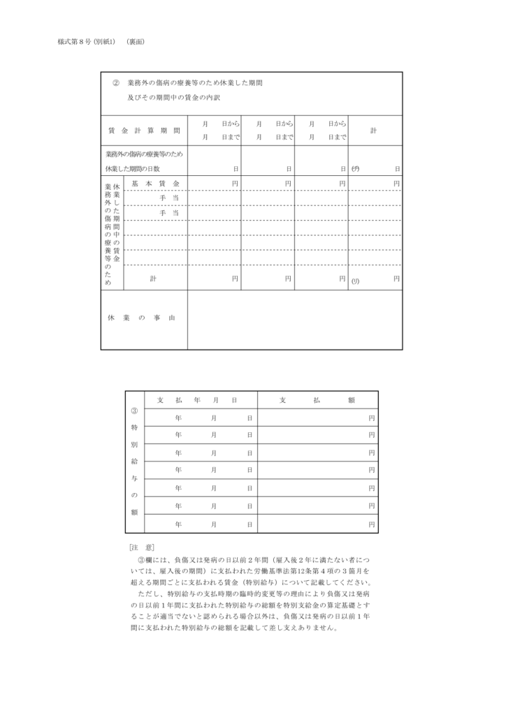 休業補償様式8号別紙1(裏面)